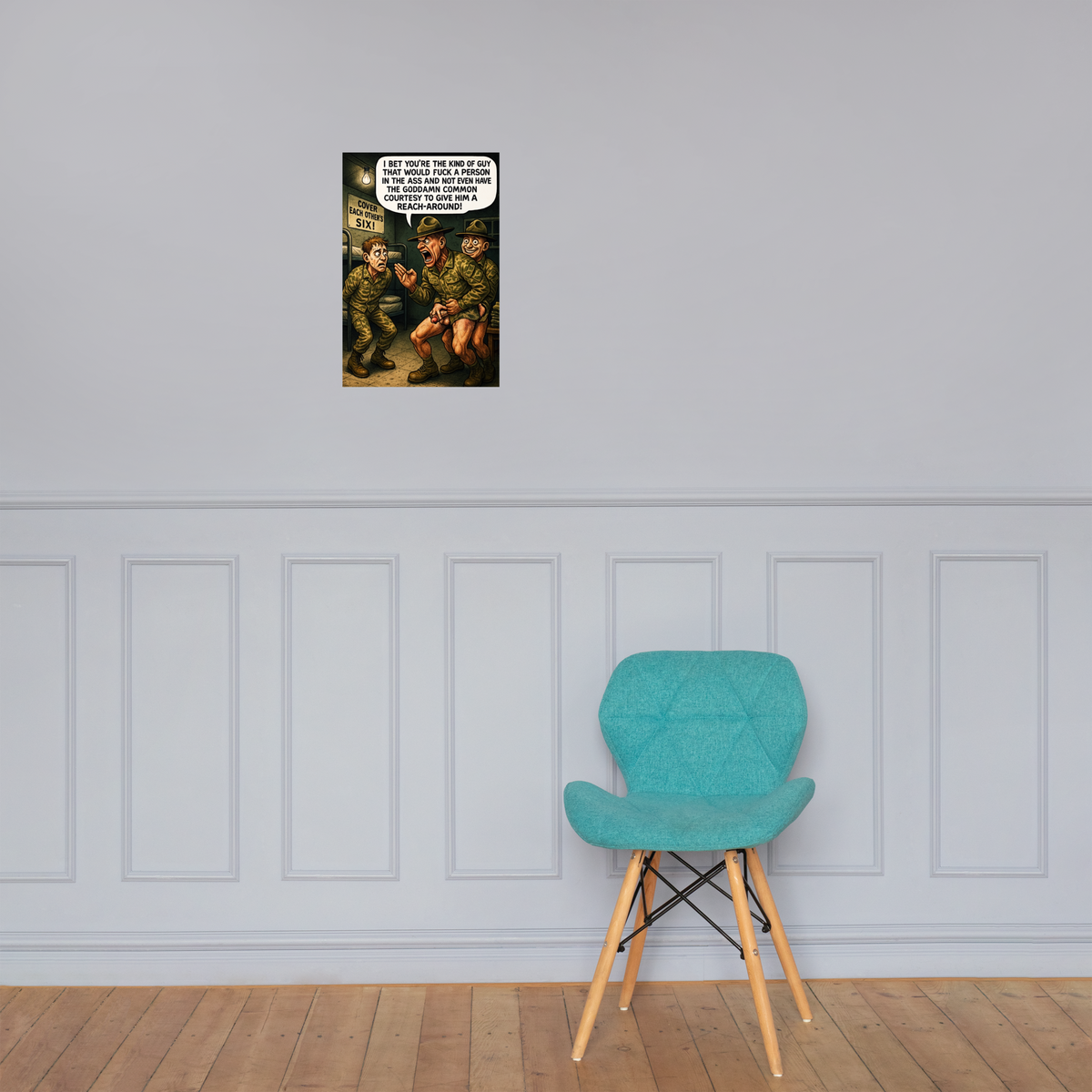 I Bet You're the Kind of Guy: 12 in by 18 in glossy poster on a paneled wall above a turquoise chair; Printful room mockup.