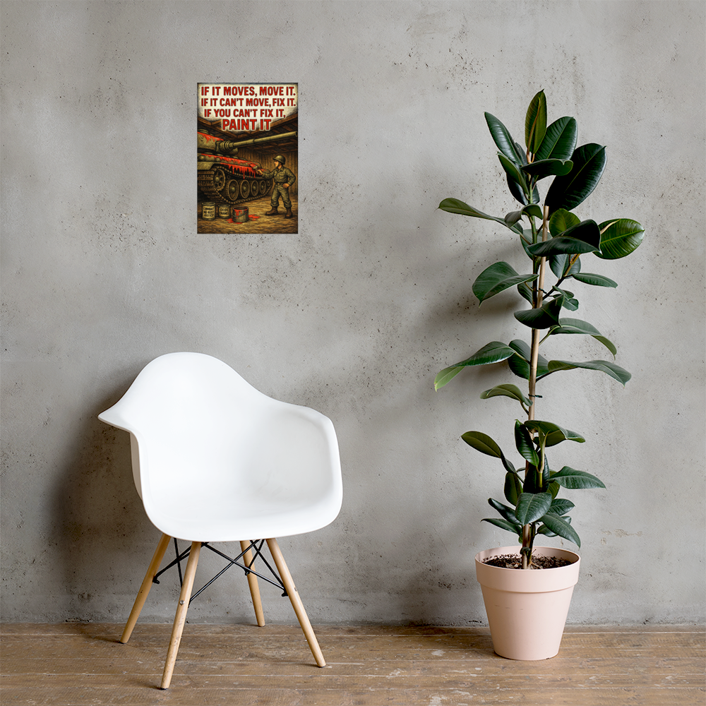 If It Moves, Move It: 12 in by 18 in glossy poster on a concrete wall beside a white chair and plant; Printful room mockup.