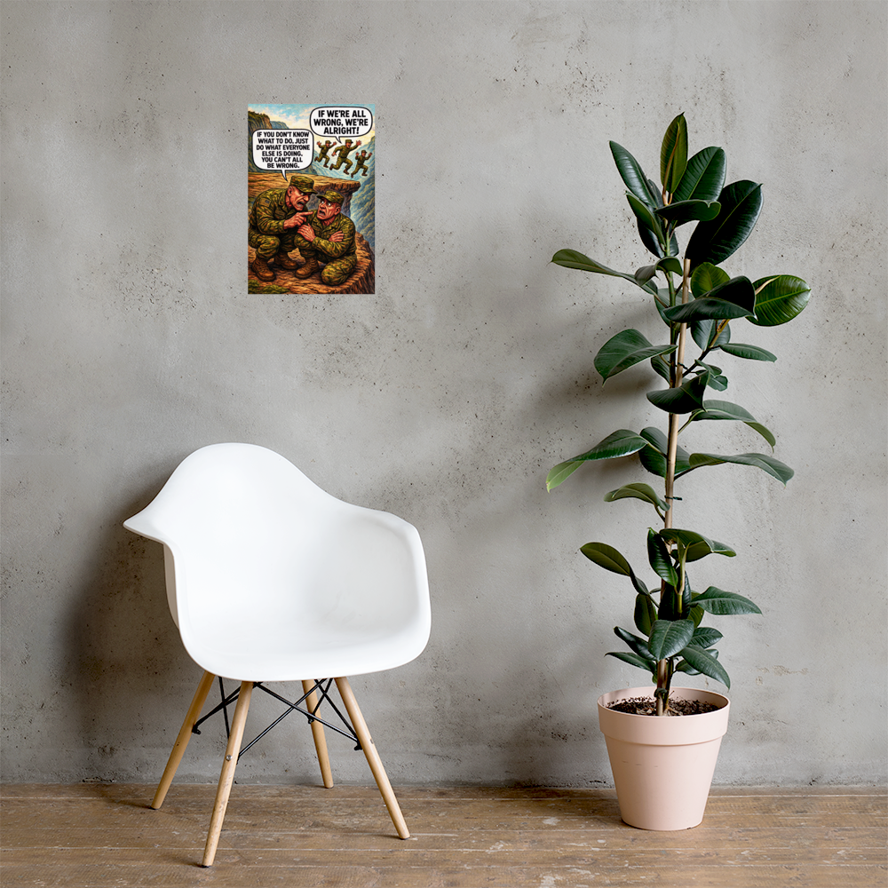 If You Don't Know What to Do, Just Do What Everyone Else Is Doing: 12 in by 18 in glossy poster on a concrete wall beside a white chair and plant; Printful room mockup.