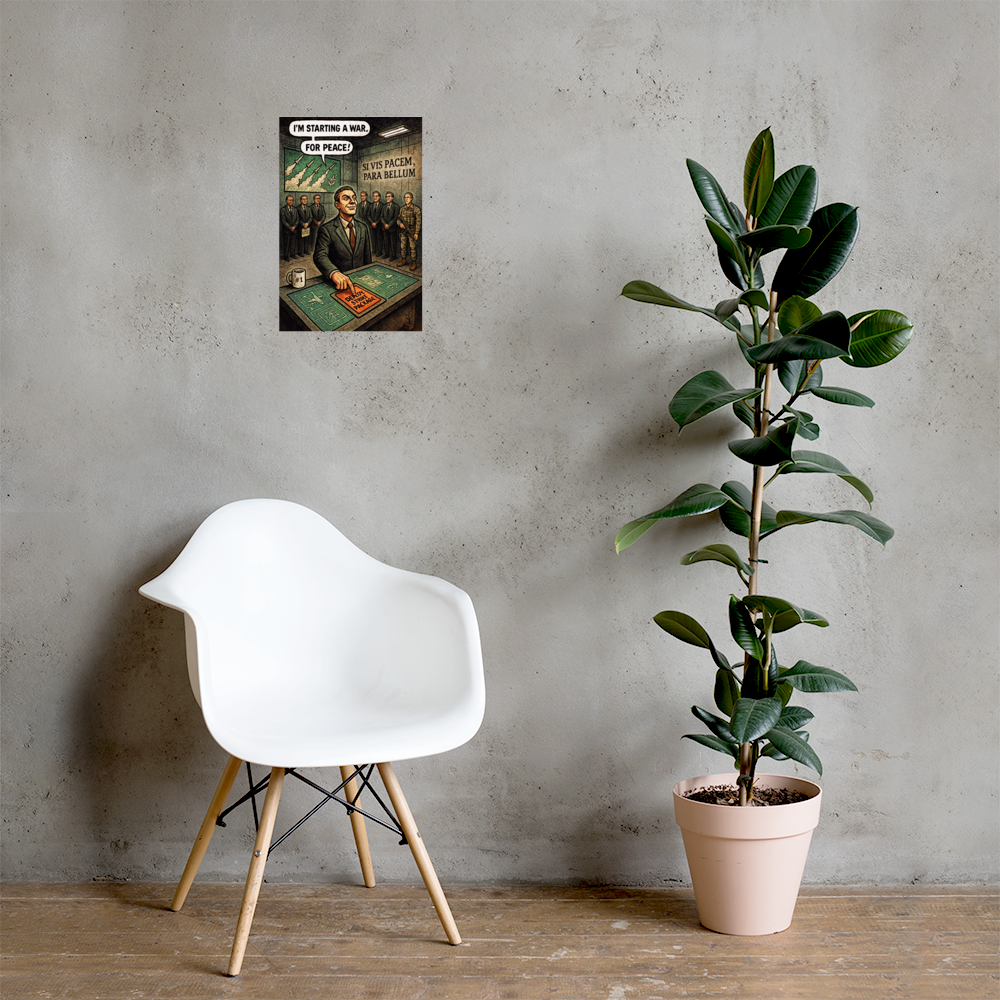 I'm Starting a War: 12 in by 18 in glossy poster on a concrete wall beside a white chair and plant; Printful room mockup.