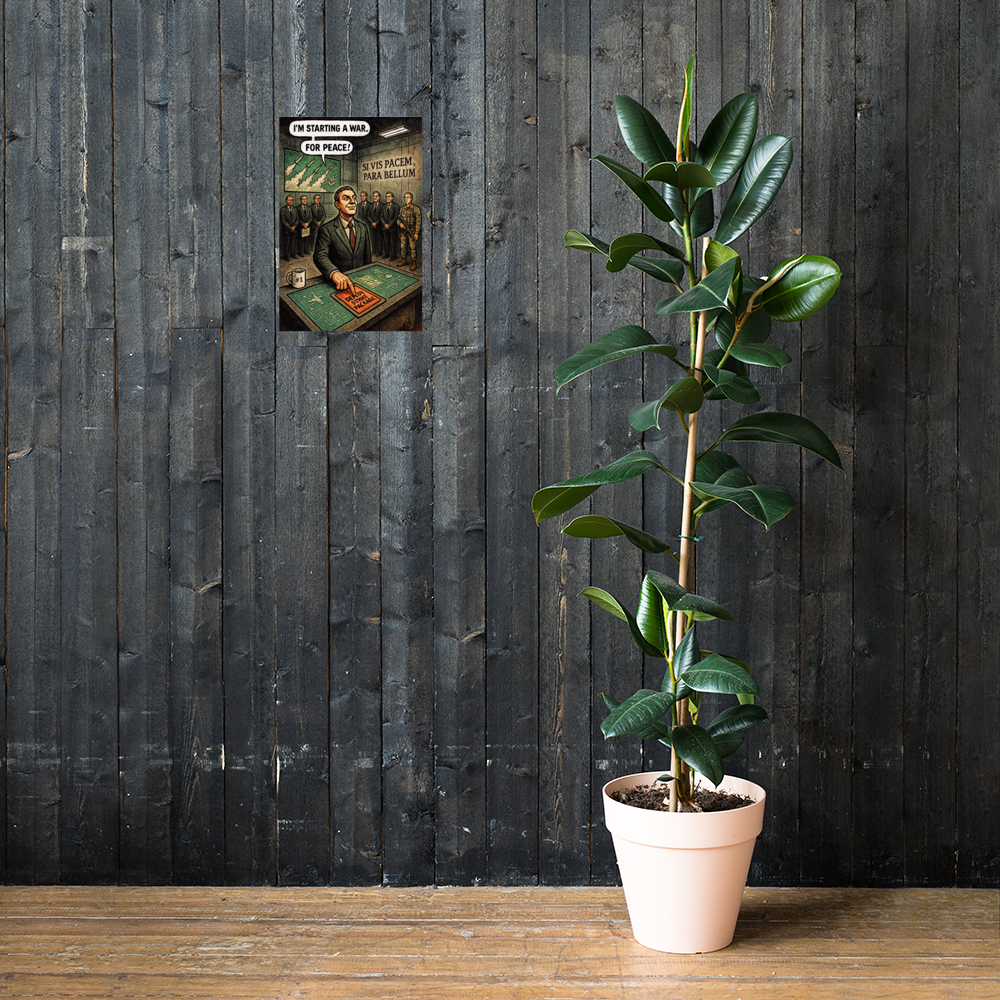 I'm Starting a War: 12 in by 18 in glossy poster on a dark wooden wall beside a plant; Printful room mockup.