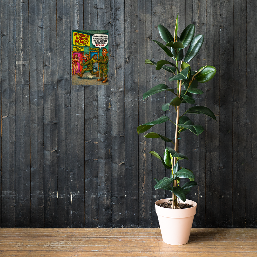 Mission, Honor, Family—in That Order: 12 in by 18 in glossy poster on a dark wooden wall beside a plant; Printful room mockup.
