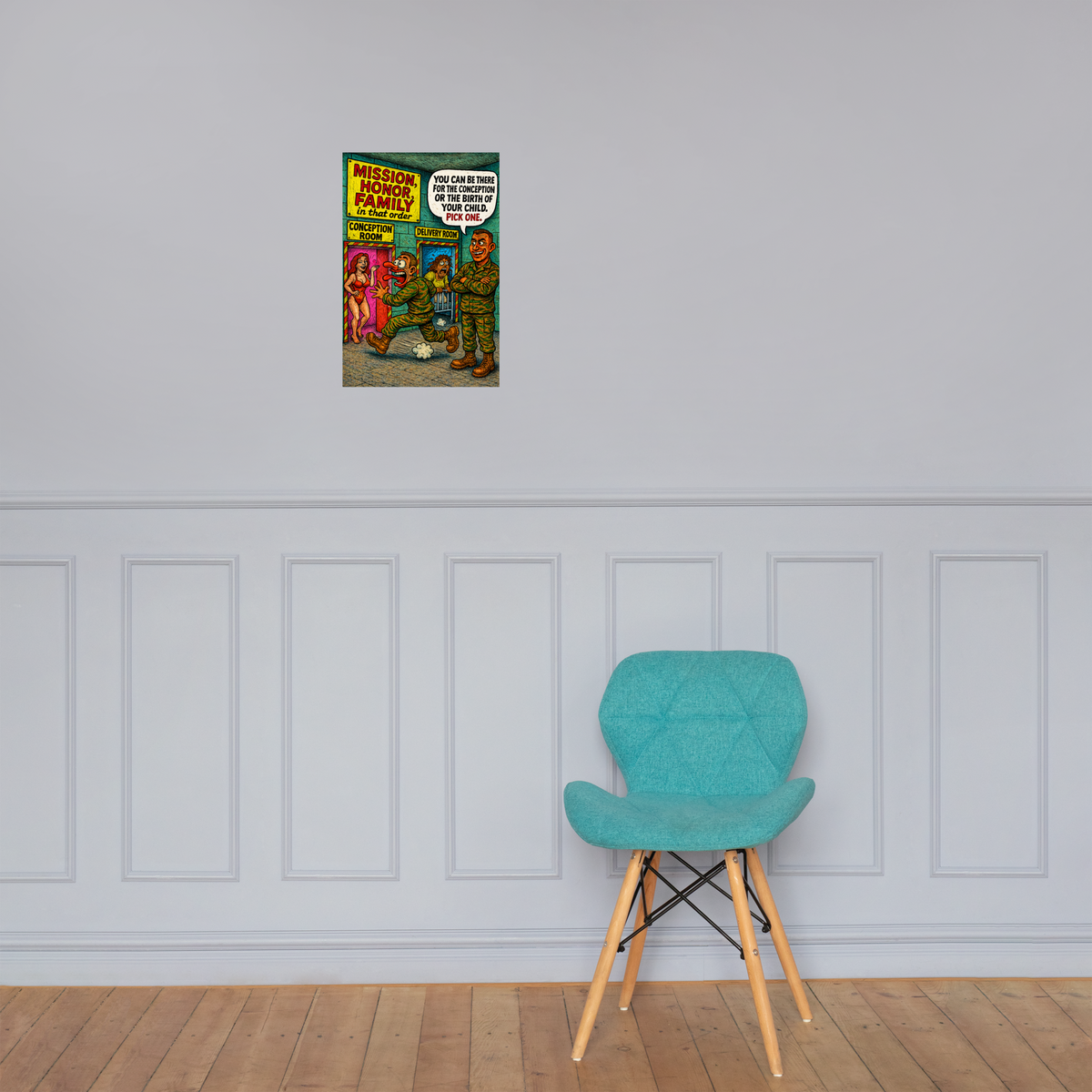 Mission, Honor, Family—in That Order: 12 in by 18 in glossy poster on a paneled wall above a turquoise chair; Printful room mockup.