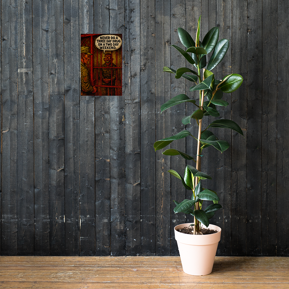 Never Do a Three Day Drug on a Two Day Weekend: 12 in by 18 in glossy poster on a dark wooden wall beside a plant; Printful room mockup.