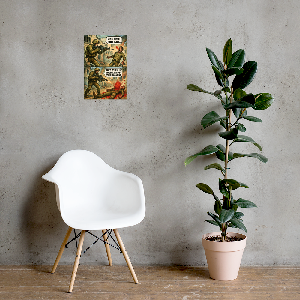 One Shot One Kill: 12 in by 18 in glossy poster on a concrete wall beside a white chair and plant; Printful room mockup.