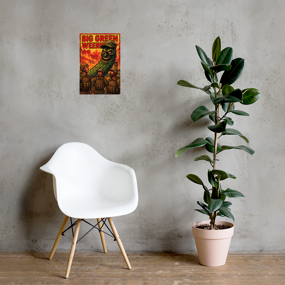 Big Green Weenie: 12 in by 18 in glossy poster on a concrete wall beside a white chair and plant; Printful room mockup.