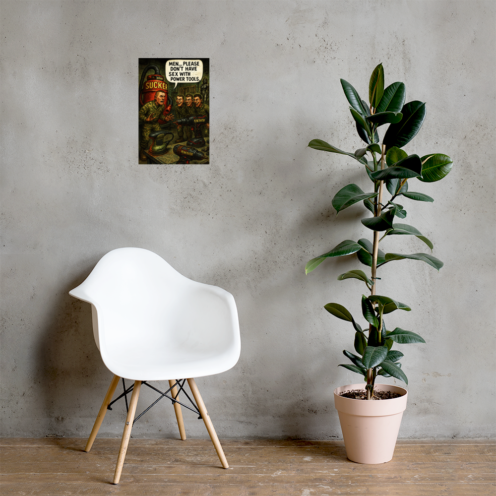 Men, Please Don't Have Sex with Power Tools: 12 in by 18 in glossy poster on a concrete wall beside a white chair and plant; Printful room mockup.