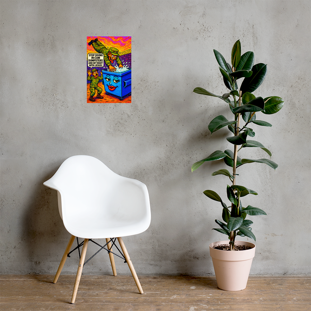Stop Diving in Cum Dumpsters and Get Right with Jesus!: 12 in by 18 in glossy poster on a concrete wall beside a white chair and plant; Printful room mockup.