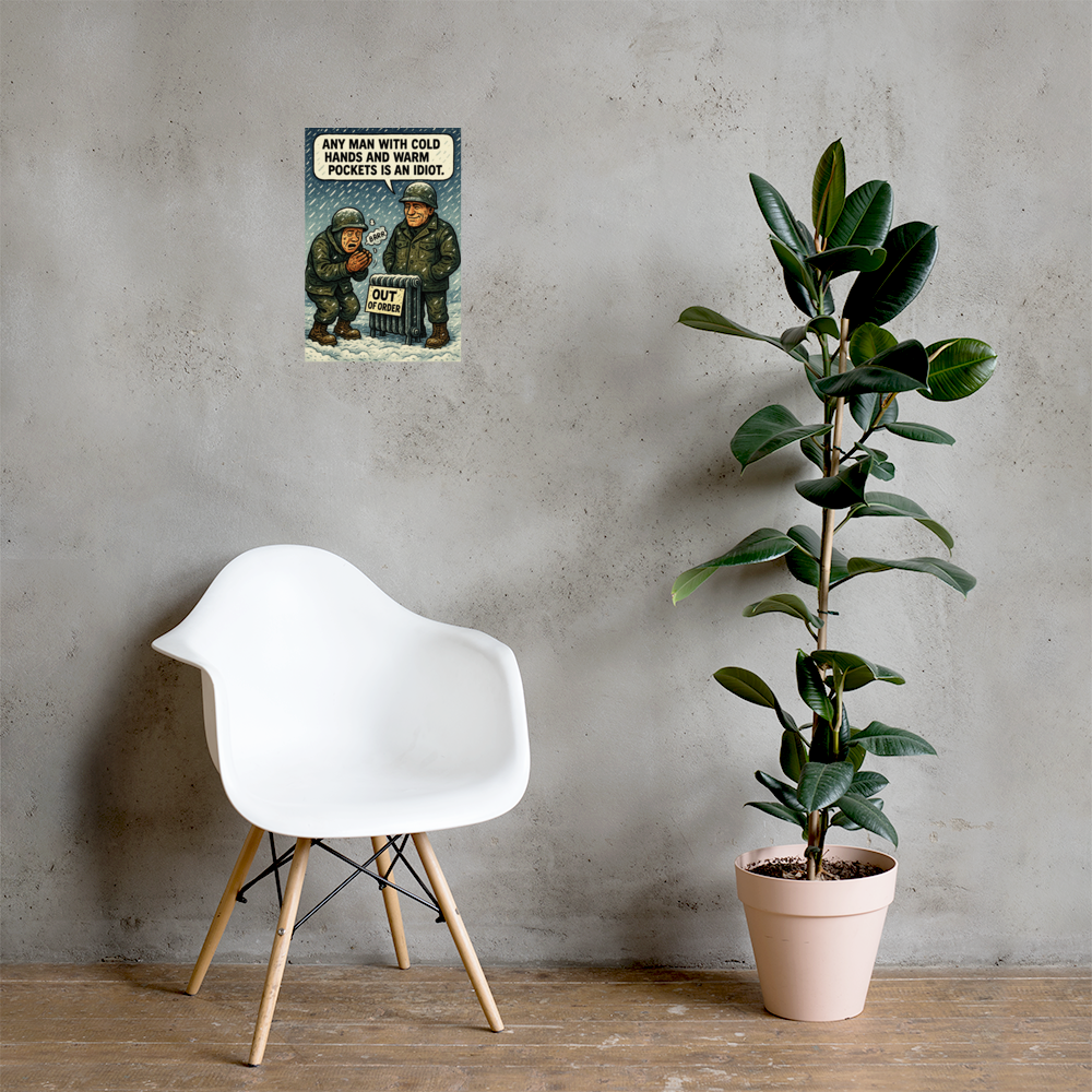 Any Man with Cold Hands and Warm Pockets Is an Idiot: 12 in by 18 in glossy poster on a concrete wall beside a white chair and plant; Printful room mockup.