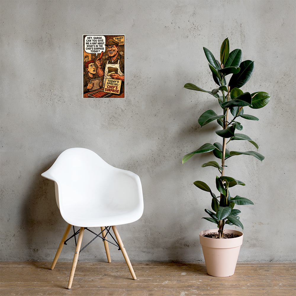 Hey, Sarge, Can You Give Me a Hint About What’s in the Chef’s Surprise Today?: 12 in by 18 in glossy poster on a concrete wall beside a white chair and plant; Printful room mockup.