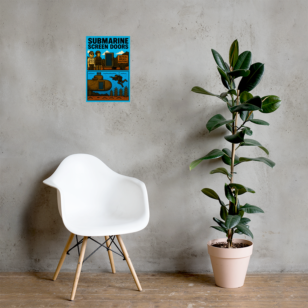 Submarine Screen Doors: 12 in by 18 in glossy poster on a concrete wall beside a white chair and plant; Printful room mockup.