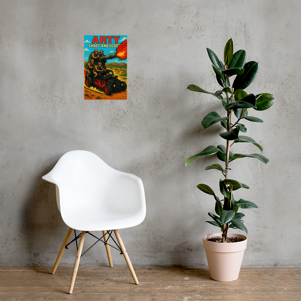 Arty: Shoot and Scoot: 12 in by 18 in glossy poster on a concrete wall beside a white chair and plant; Printful room mockup.