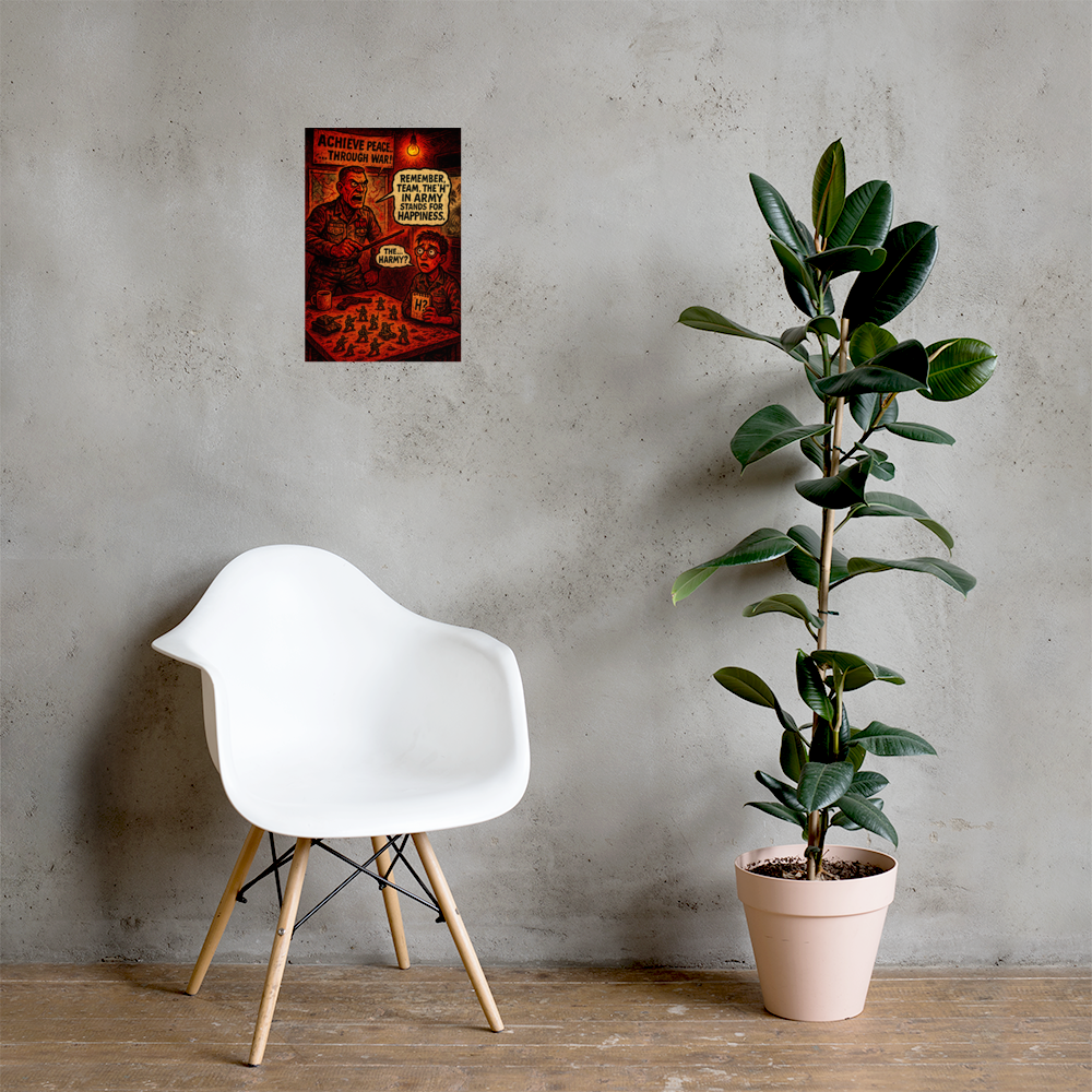 Achieve Peace: 12 in by 18 in glossy poster on a concrete wall beside a white chair and plant; Printful room mockup.
