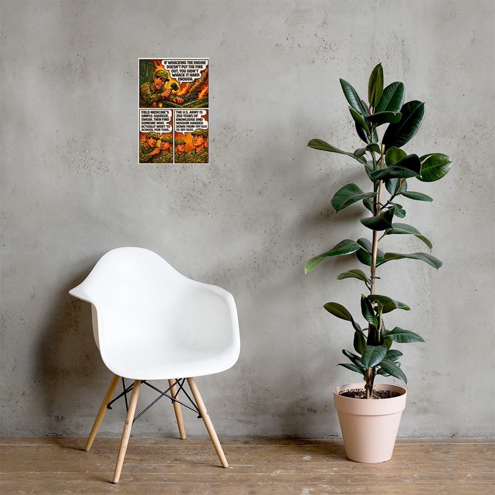 If Whacking the Engine Doesn’t Put the Fire Out, You Didn’t Whack It Hard Enough: 12 in by 18 in glossy poster on a concrete wall beside a white chair and plant; Printful room mockup.