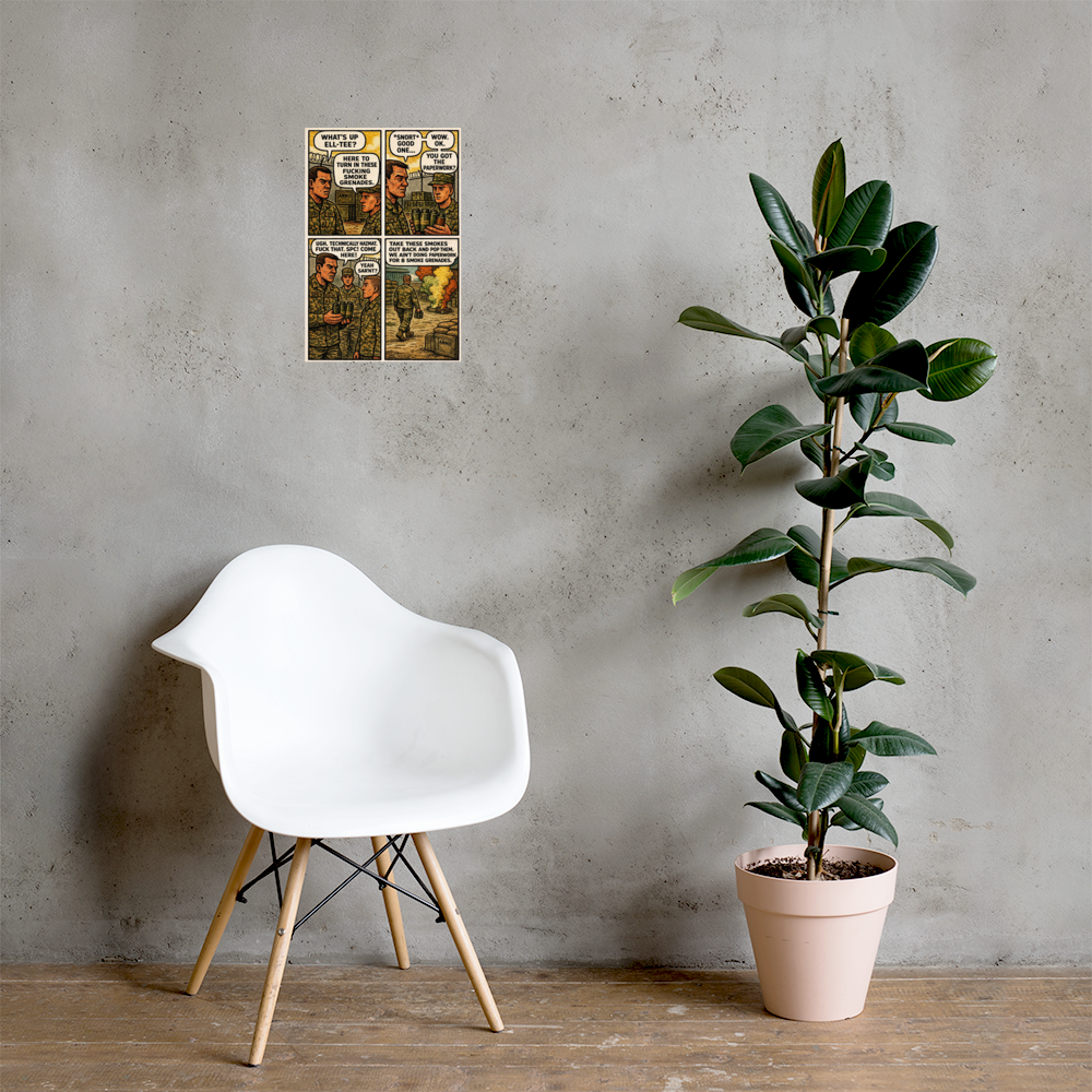 What's up Ell-Tee?: 12 in by 18 in glossy poster on a concrete wall beside a white chair and plant; Printful room mockup.