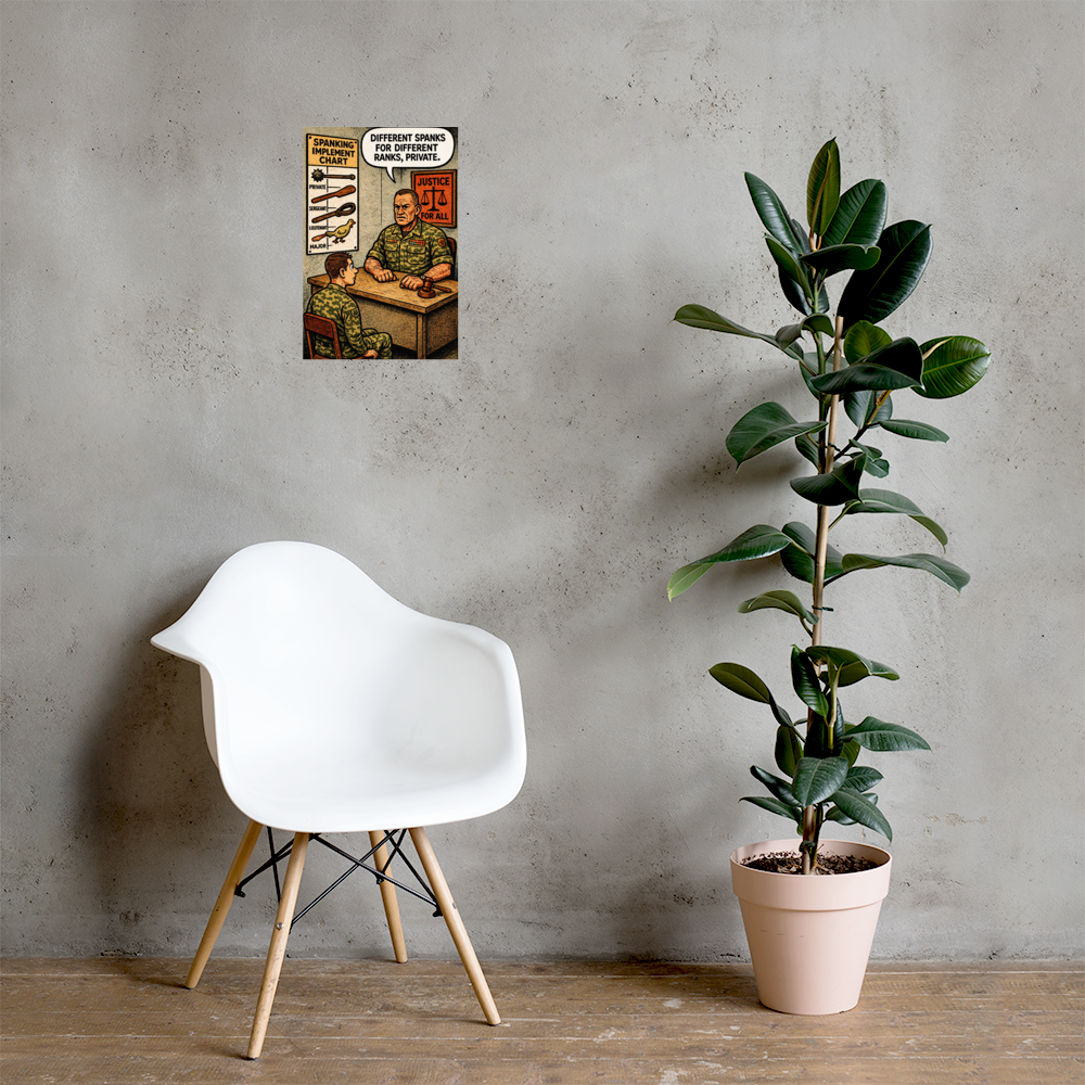 Spanking Implement Chart: 12 in by 18 in glossy poster on a concrete wall beside a white chair and plant; Printful room mockup.