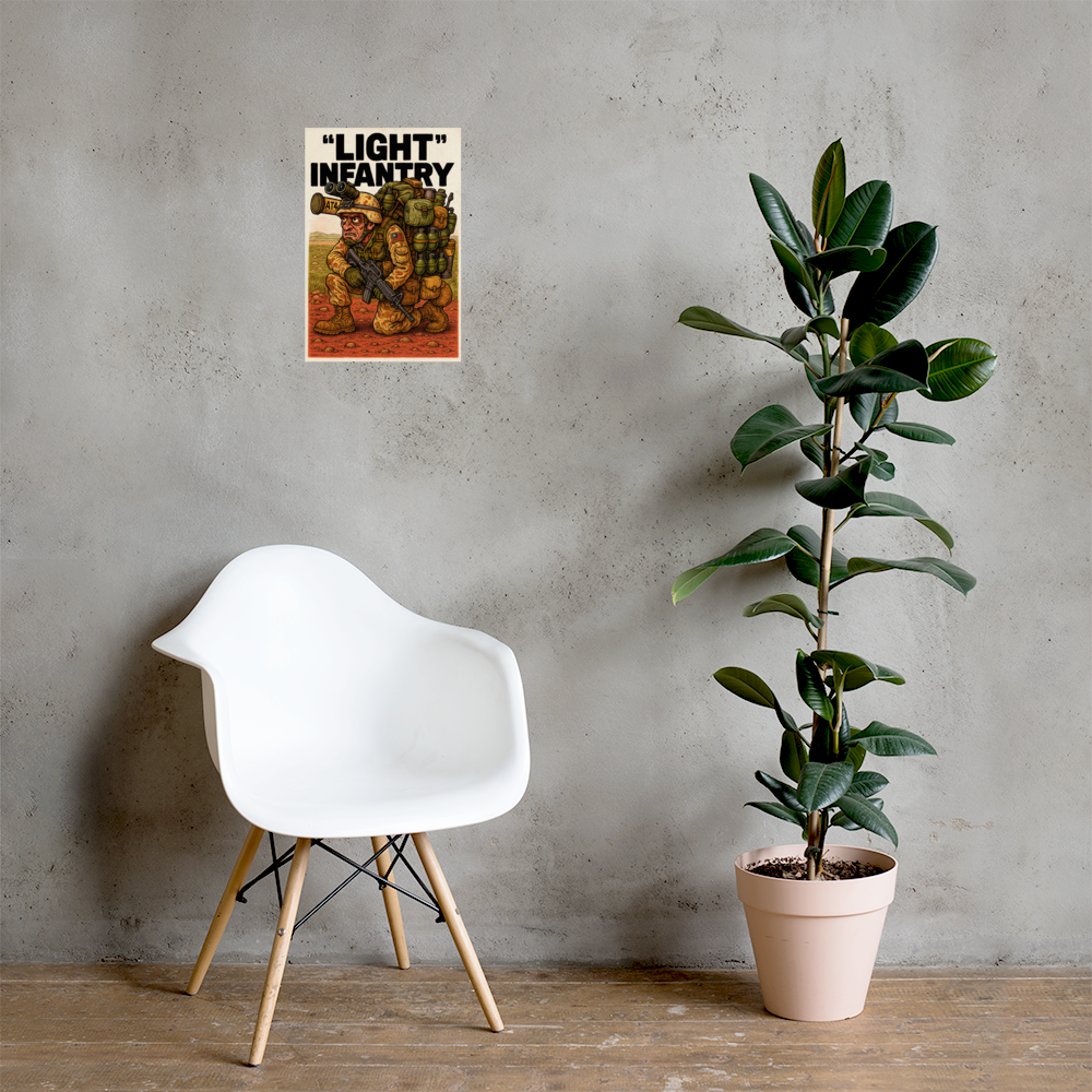 “Light” Infantry: 12 in by 18 in glossy poster on a concrete wall beside a white chair and plant; Printful room mockup.