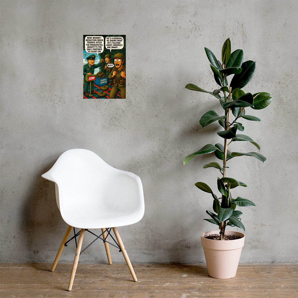 New Weight-Reduction Order, Troops: 12 in by 18 in glossy poster on a concrete wall beside a white chair and plant; Printful room mockup.