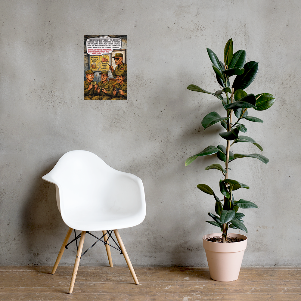 Weekend Liberty Brief: 12 in by 18 in glossy poster on a concrete wall beside a white chair and plant; Printful room mockup.