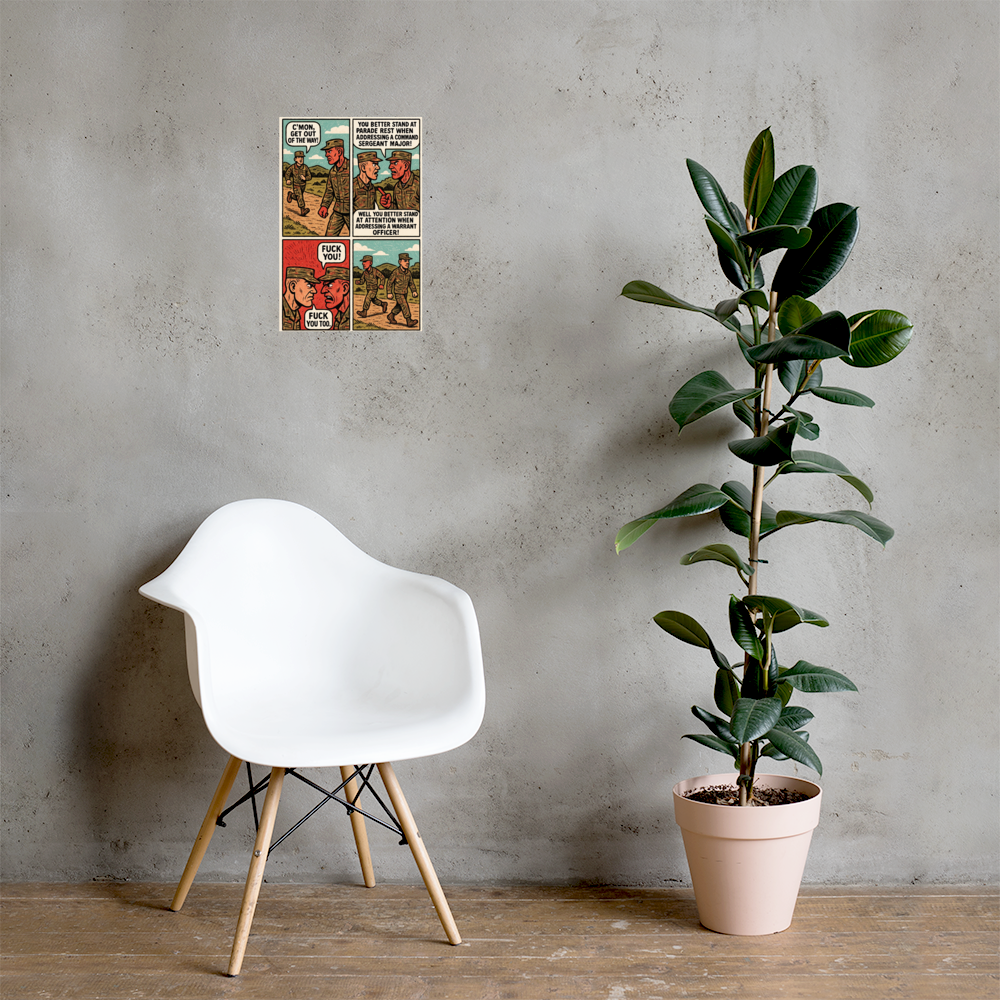C’mon, Get Out of the Way!: 12 in by 18 in glossy poster on a concrete wall beside a white chair and plant; Printful room mockup.