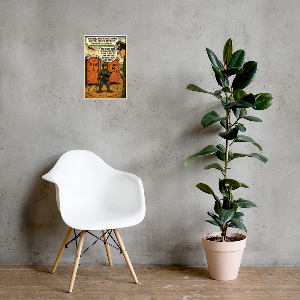 Private, Why in God’s Name Are You Posted-Between Two Porta-Johns?: 12 in by 18 in glossy poster on a concrete wall beside a white chair and plant; Printful room mockup.