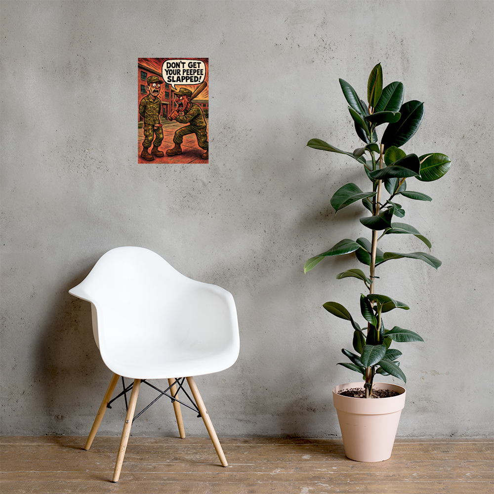Don't Get Your Peepee Slapped!: 12 in by 18 in glossy poster on a concrete wall beside a white chair and plant; Printful room mockup.