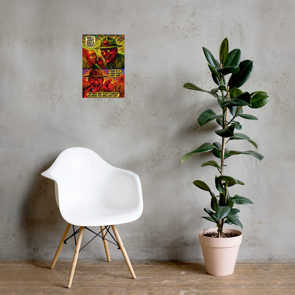 Did I Just See a Tear?: 12 in by 18 in glossy poster on a concrete wall beside a white chair and plant; Printful room mockup.