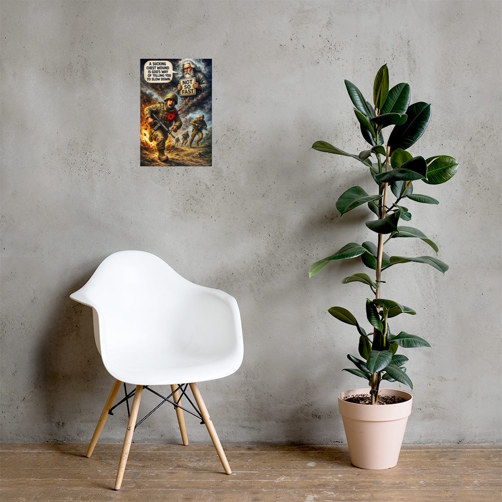 A Sucking Chest Wound Is God's Way of Telling You to Slow Down: 12 in by 18 in glossy poster on a concrete wall beside a white chair and plant; Printful room mockup.