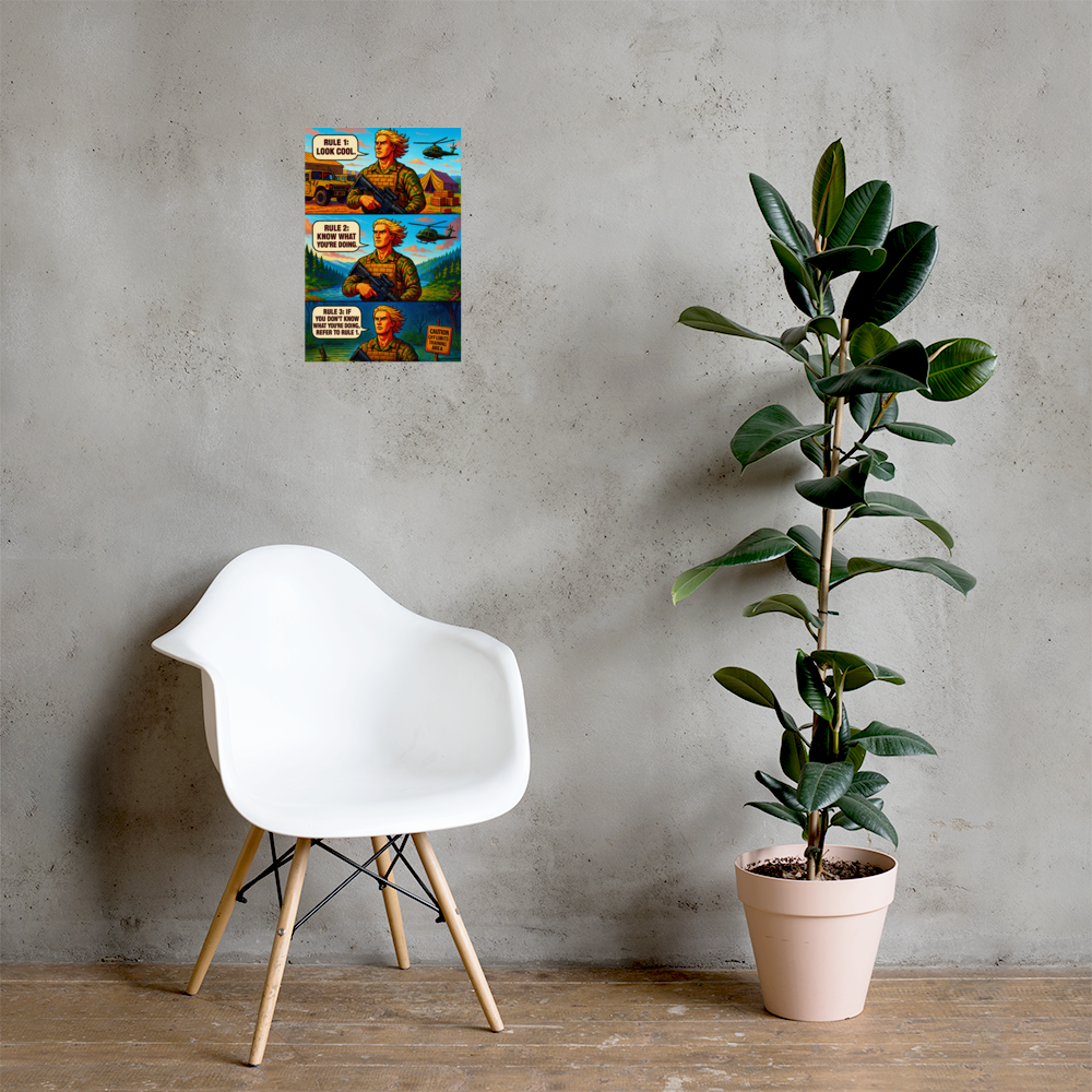 Rule 1: Look Cool: 12 in by 18 in glossy poster on a concrete wall beside a white chair and plant; Printful room mockup.