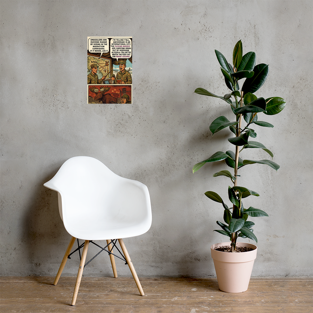 Smugglers Are Ducking Radar by Hiding in the Migration Corridors: 12 in by 18 in glossy poster on a concrete wall beside a white chair and plant; Printful room mockup.