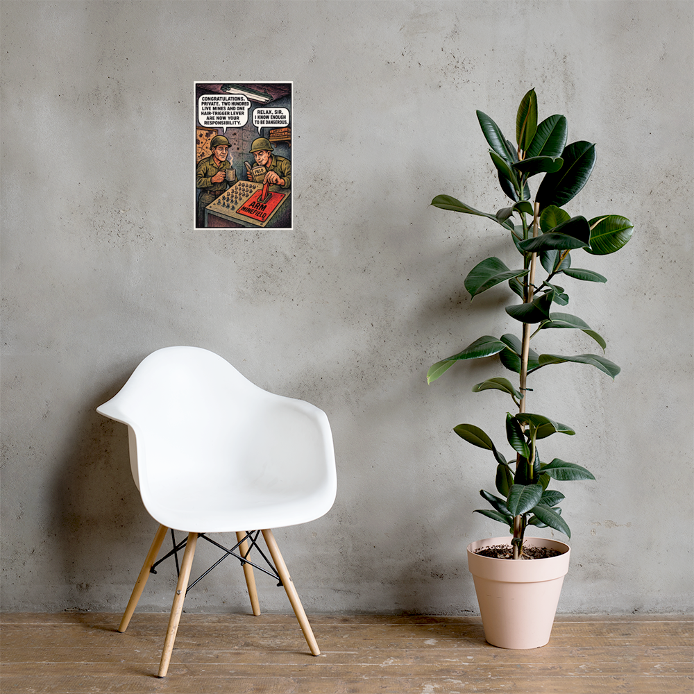 Congratulations, Private: 12 in by 18 in glossy poster on a concrete wall beside a white chair and plant; Printful room mockup.