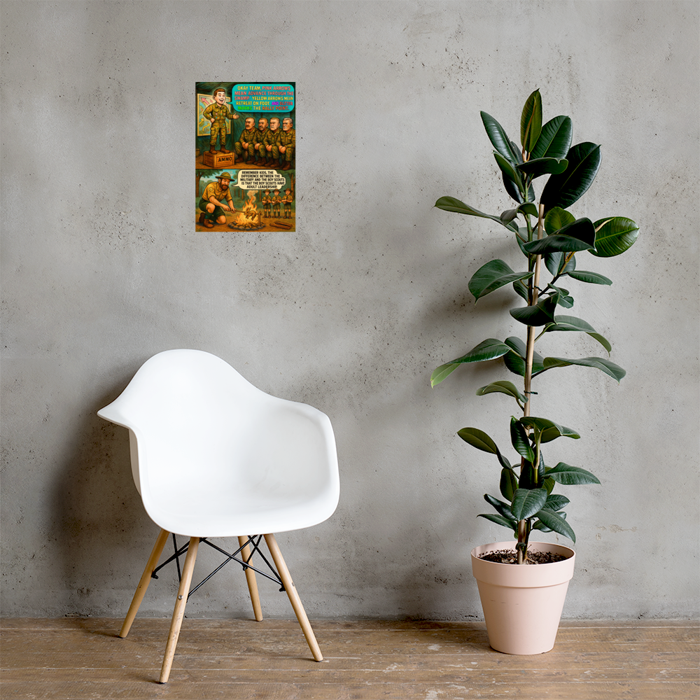 Okay Team, Pink Arrows Mean Advance Through the Swamp: 12 in by 18 in glossy poster on a concrete wall beside a white chair and plant; Printful room mockup.