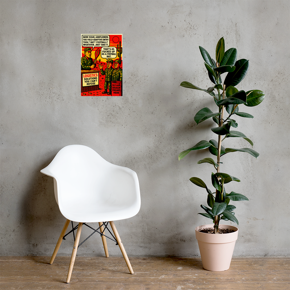 New Issue, Gentlemen: 12 in by 18 in glossy poster on a concrete wall beside a white chair and plant; Printful room mockup.