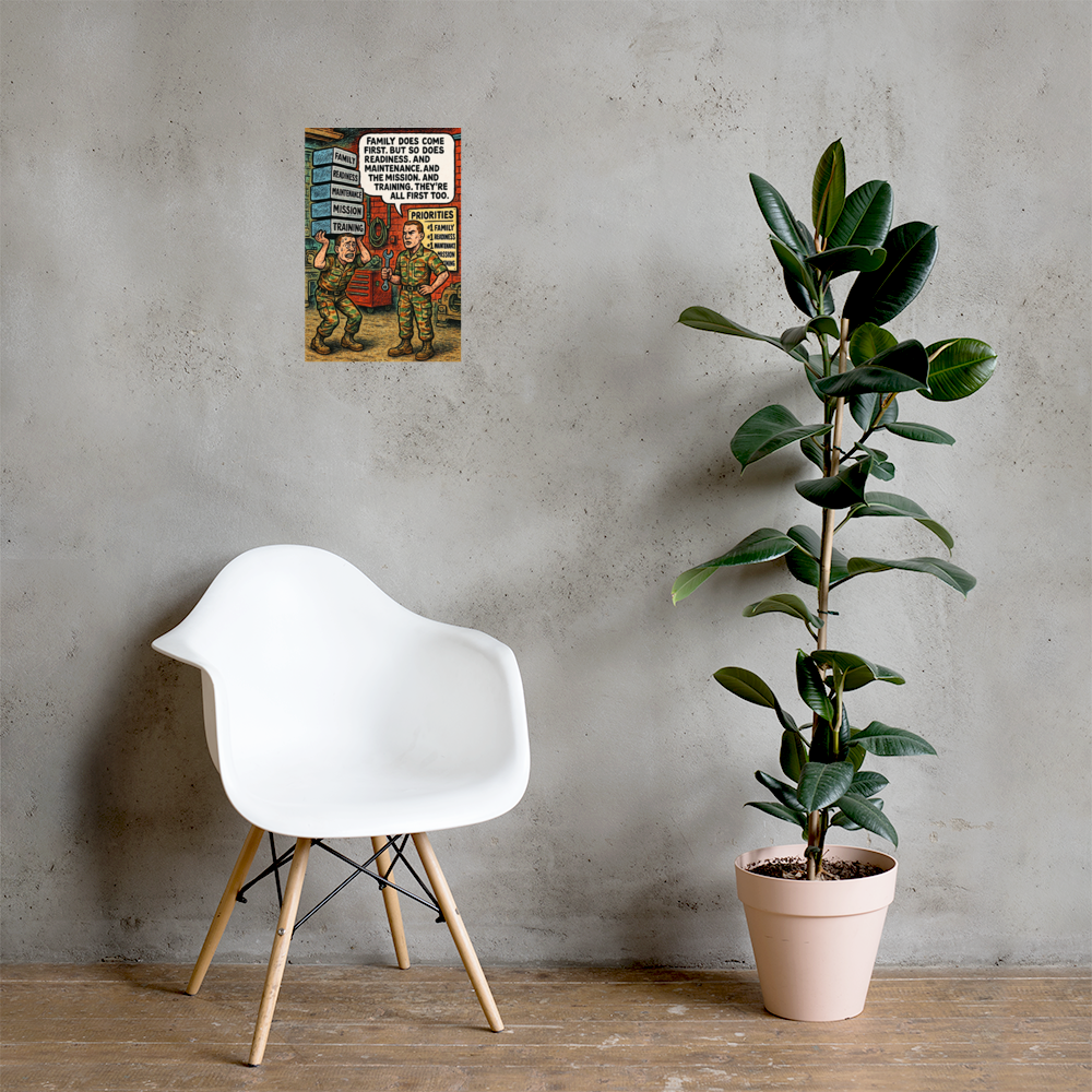 Family Does Come First: 12 in by 18 in glossy poster on a concrete wall beside a white chair and plant; Printful room mockup.