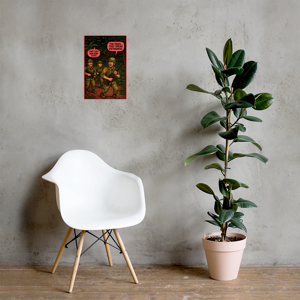 The Trees Speak Vietnamese: 12 in by 18 in glossy poster on a concrete wall beside a white chair and plant; Printful room mockup.