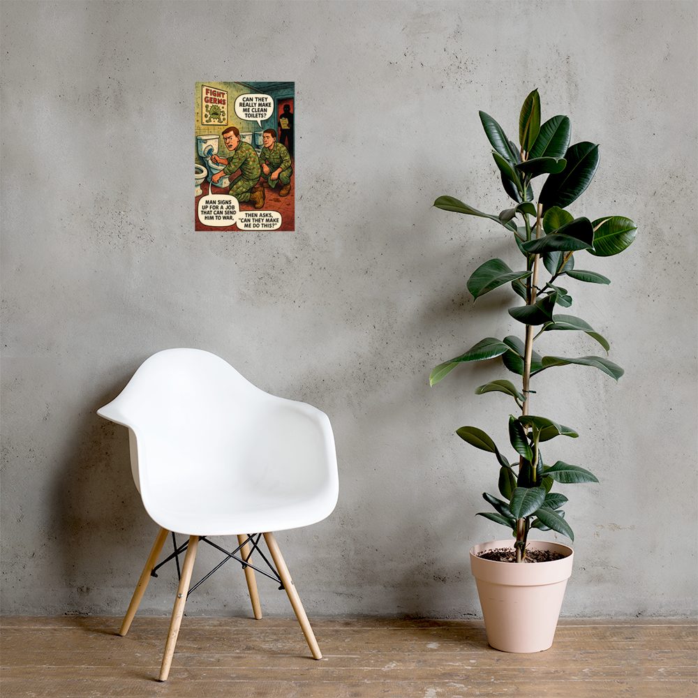 Fight Germs: 12 in by 18 in glossy poster on a concrete wall beside a white chair and plant; Printful room mockup.
