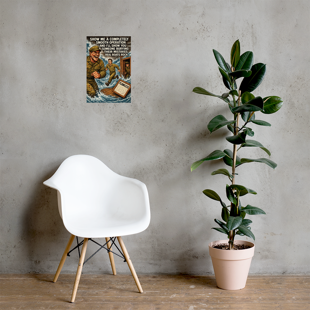 Show Me a Completely Smooth Operation and I'll Show You Someone Burying Their Mistakes: 12 in by 18 in glossy poster on a concrete wall beside a white chair and plant; Printful room mockup.