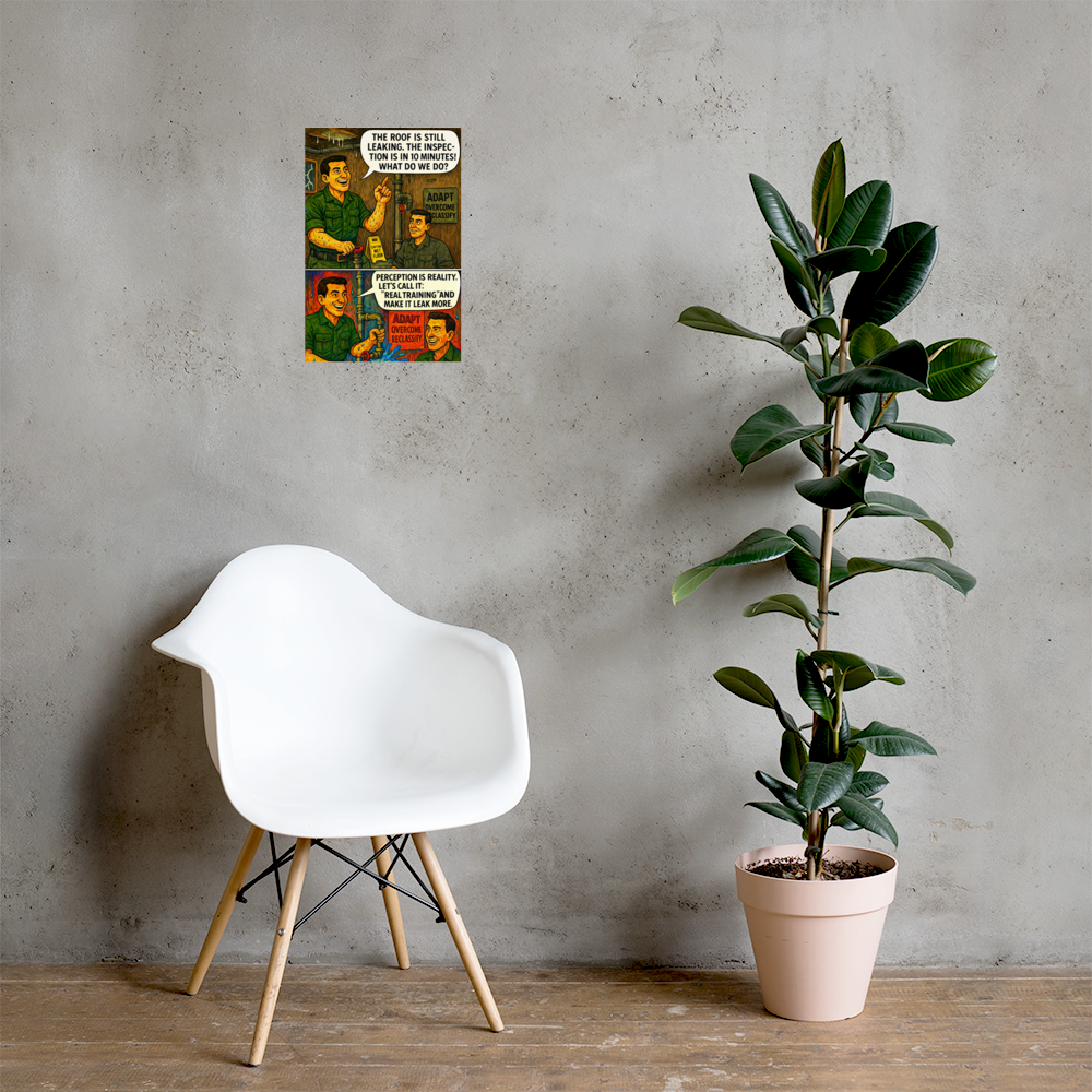 The Roof Is Still Leaking: 12 in by 18 in glossy poster on a concrete wall beside a white chair and plant; Printful room mockup.