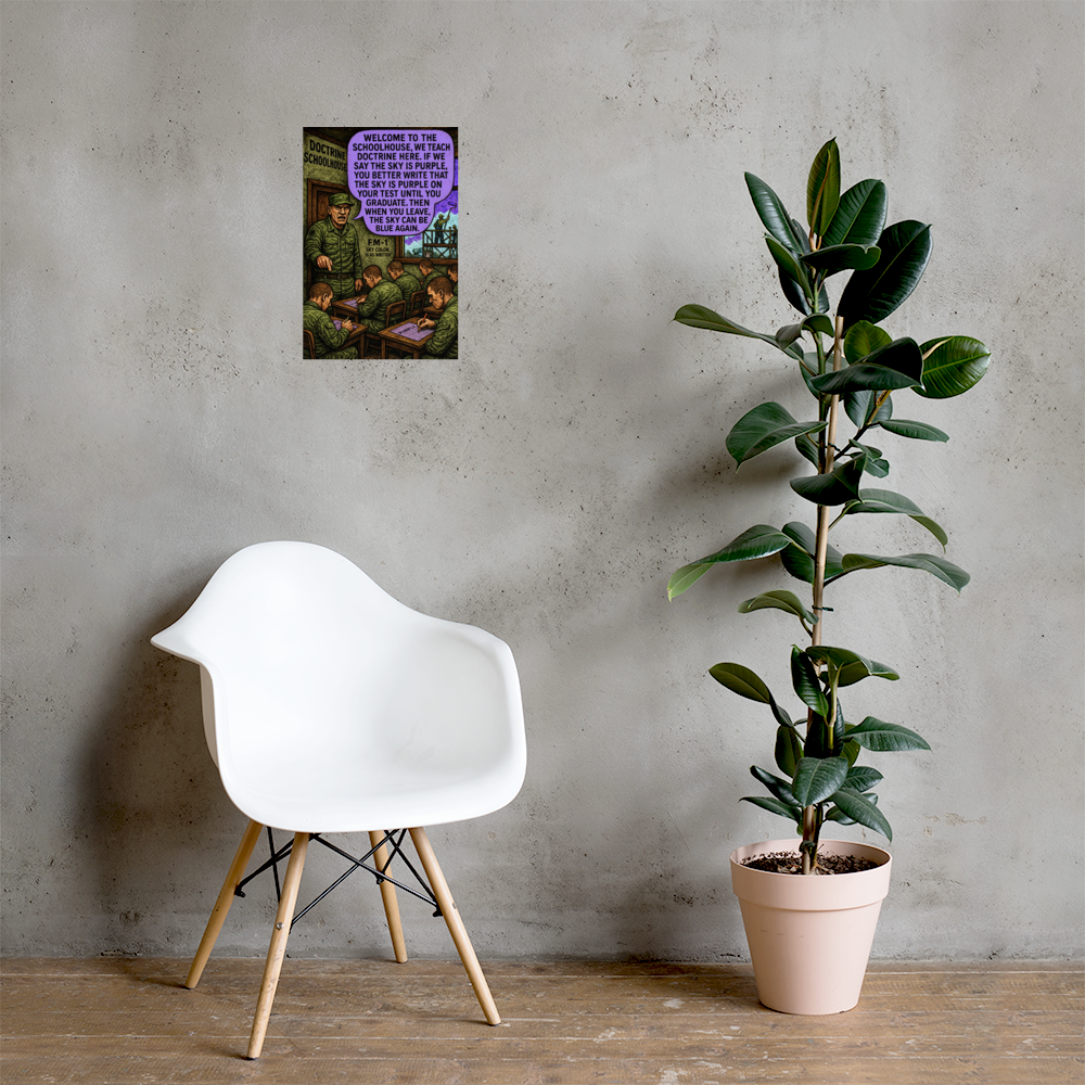 Welcome to the Schoolhouse: 12 in by 18 in glossy poster on a concrete wall beside a white chair and plant; Printful room mockup.