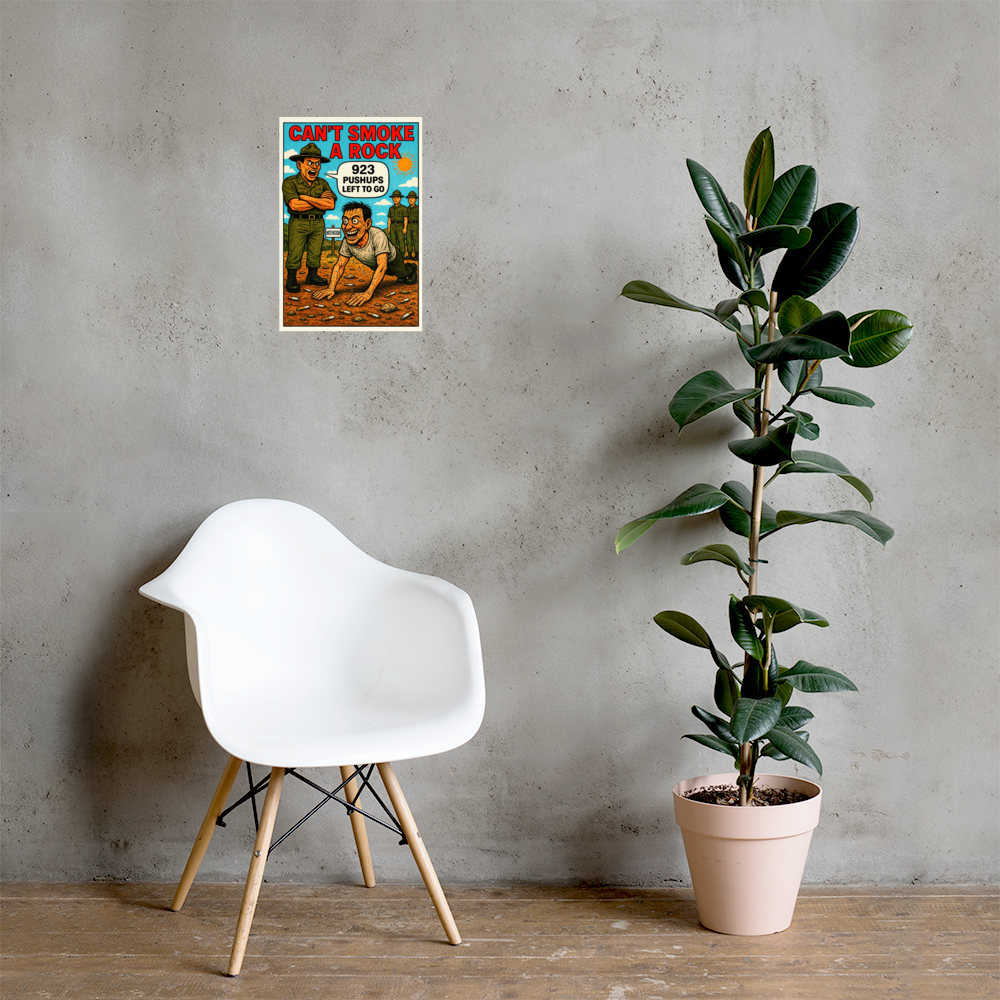 Can't Smoke a Rock: 12 in by 18 in glossy poster on a concrete wall beside a white chair and plant; Printful room mockup.