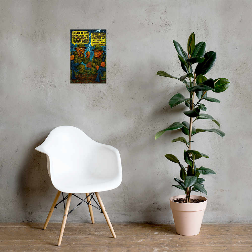 Soak It up!: 12 in by 18 in glossy poster on a concrete wall beside a white chair and plant; Printful room mockup.