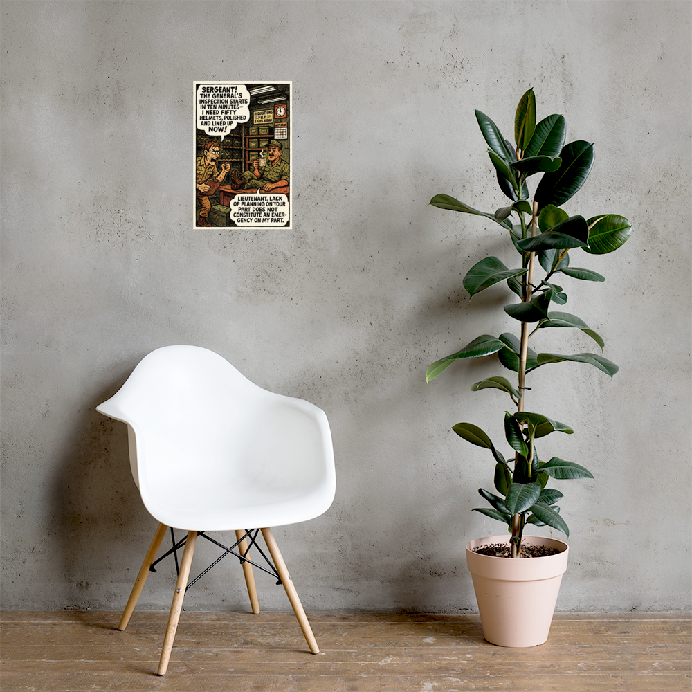 The General's Inspection Starts in Ten Minutes— I Need Fifty Helmets: 12 in by 18 in glossy poster on a concrete wall beside a white chair and plant; Printful room mockup.