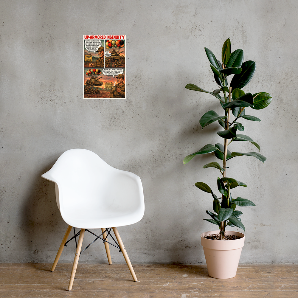 Up-Armored Ingenuity: 12 in by 18 in glossy poster on a concrete wall beside a white chair and plant; Printful room mockup.