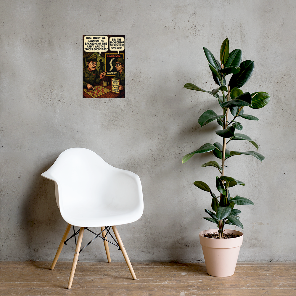 Doc, Today We Lean on the Backbone of This Army: 12 in by 18 in glossy poster on a concrete wall beside a white chair and plant; Printful room mockup.