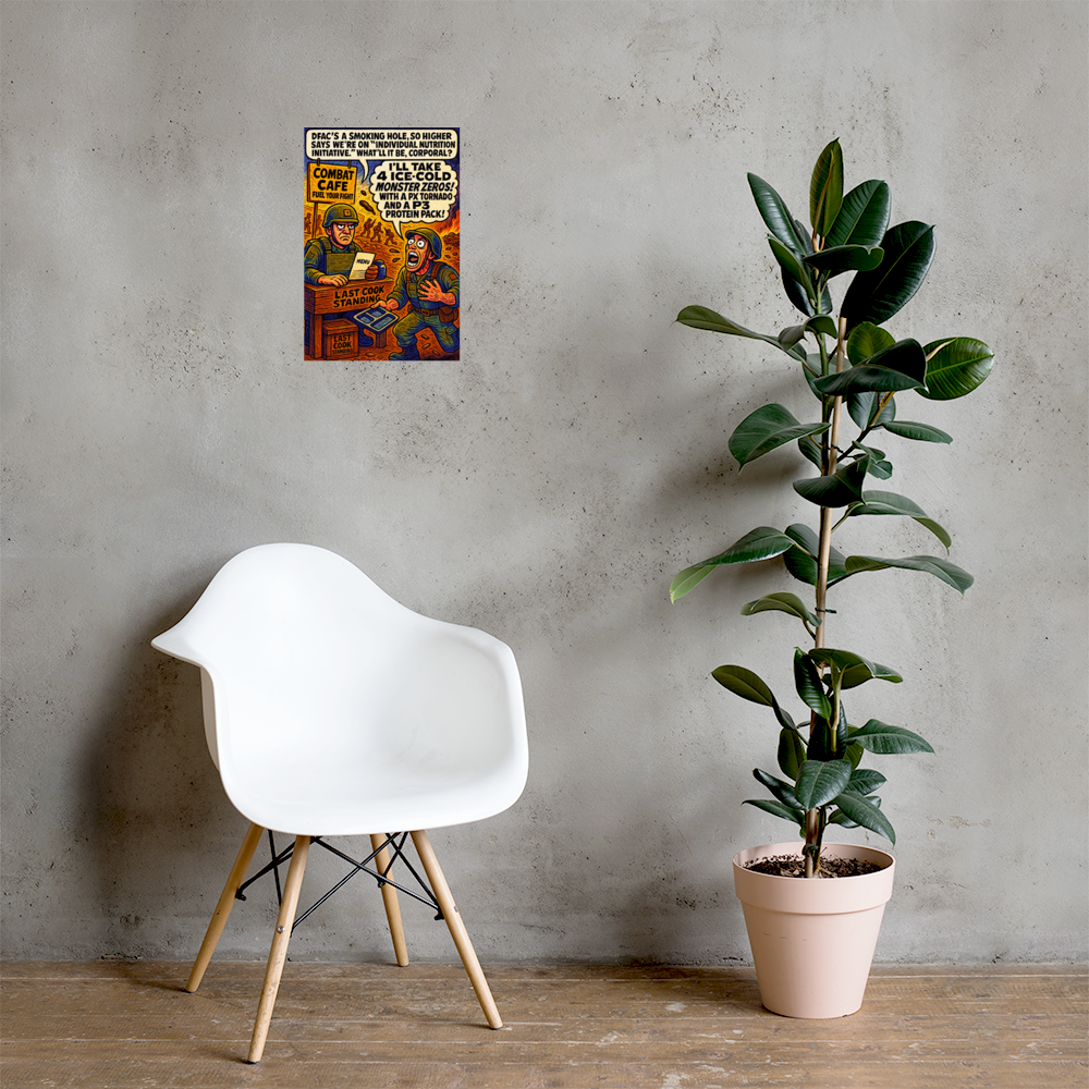 DFAC Is a Smoking Hole: 12 in by 18 in glossy poster on a concrete wall beside a white chair and plant; Printful room mockup.
