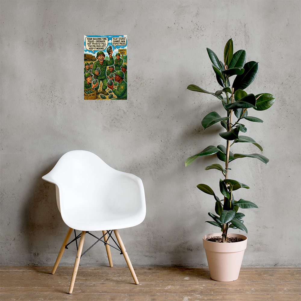 Team-Building Time: 12 in by 18 in glossy poster on a concrete wall beside a white chair and plant; Printful room mockup.