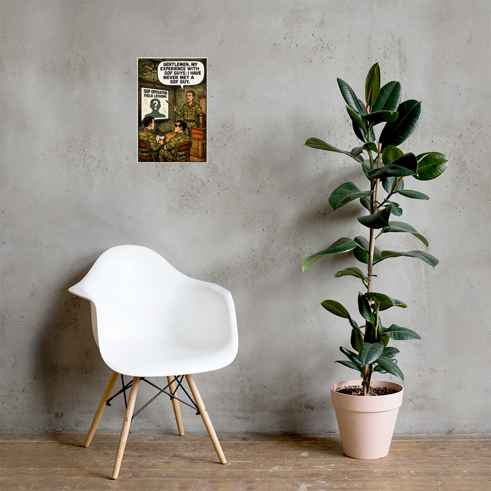 Gentlemen, My Experience with SOF Guys: 12 in by 18 in glossy poster on a concrete wall beside a white chair and plant; Printful room mockup.