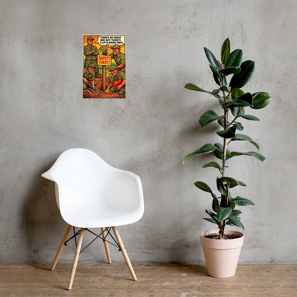 There's No Right Way: 12 in by 18 in glossy poster on a concrete wall beside a white chair and plant; Printful room mockup.