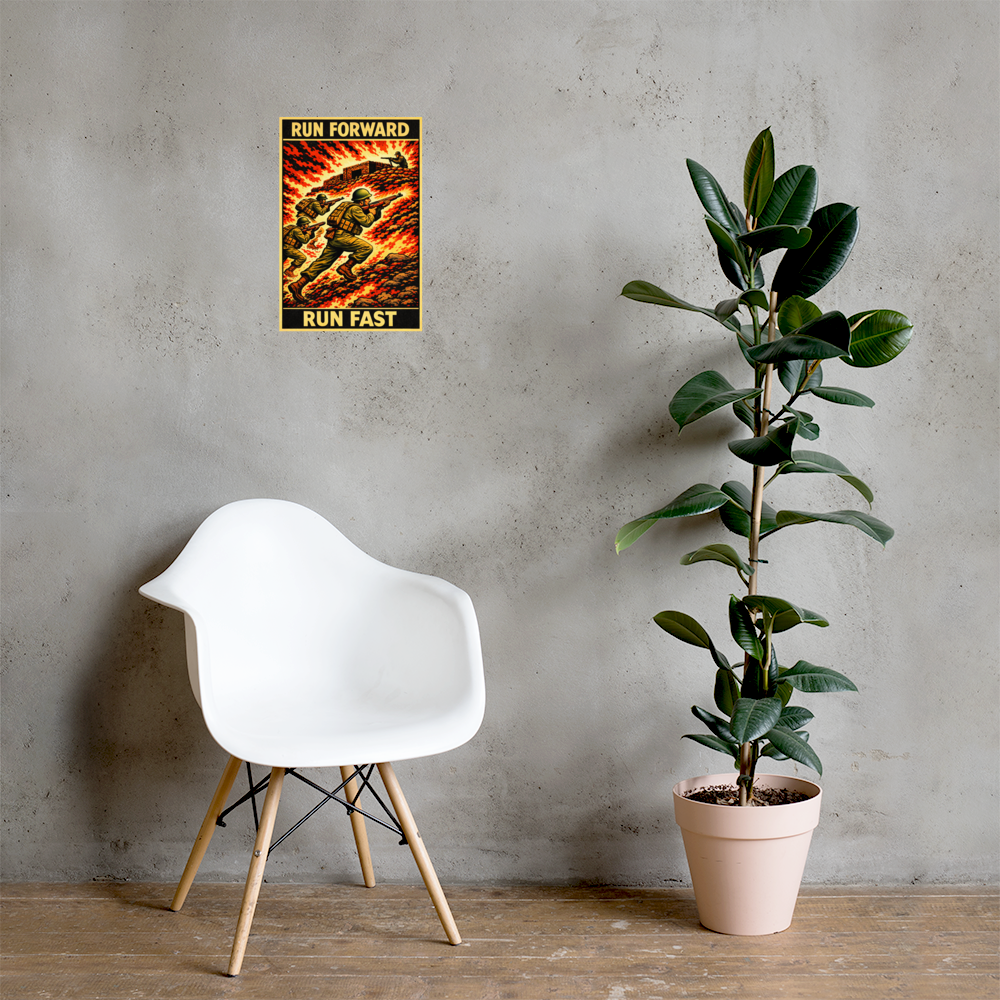 Run Forward Run Fast 1: 12 in by 18 in glossy poster on a concrete wall beside a white chair and plant; Printful room mockup.