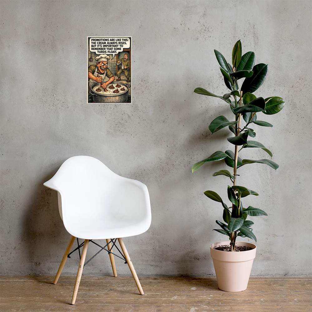 Promotions Are Like This: 12 in by 18 in glossy poster on a concrete wall beside a white chair and plant; Printful room mockup.